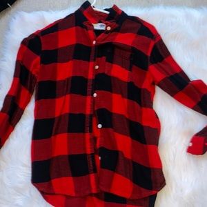 red and black button up flannel